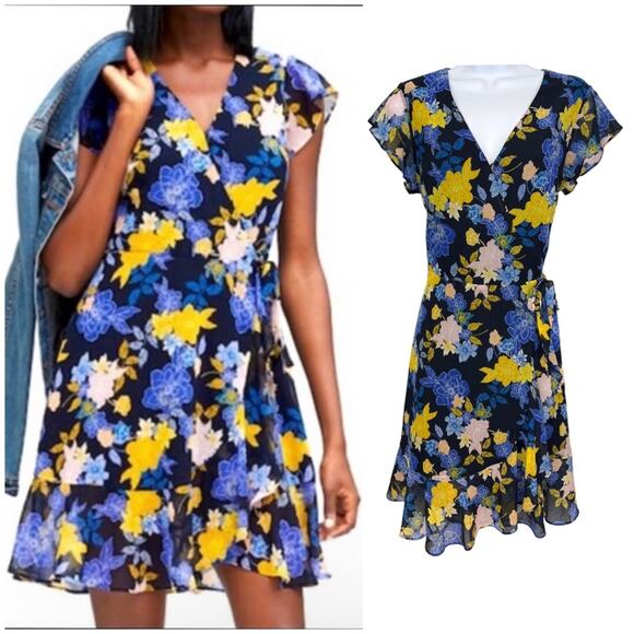 Banana Republic Wrap Dress Blue Floral Flutter Sleeve V Neck  Size 6 Tall - Picture 1 of 15